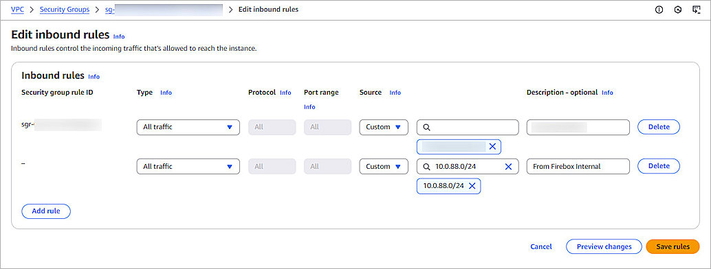 Screenshot of AWS, Edit Inbound Rules